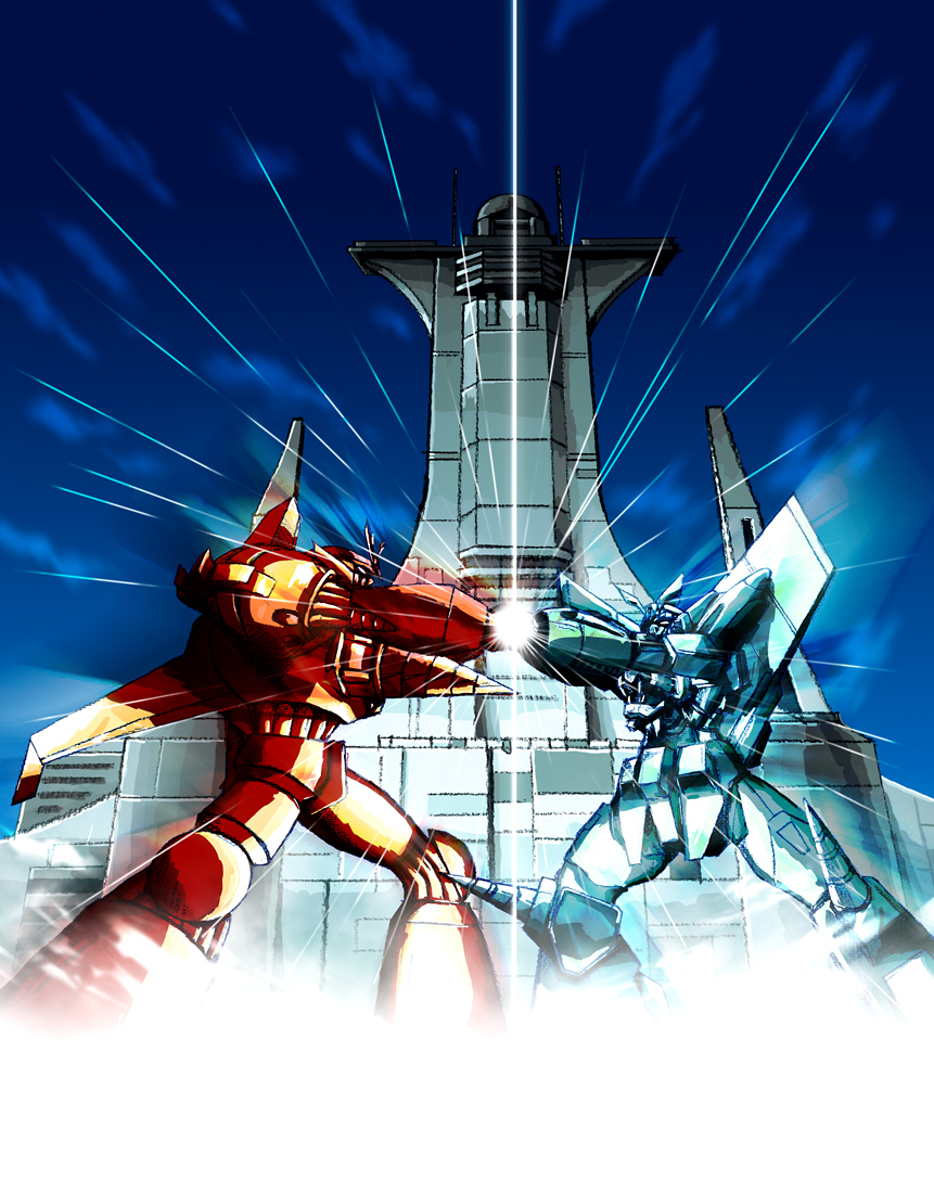 1990s_(style), armor, battle, ei-15, gaogaigar, helmet, machinery, mecha, no_humans, ohshima, ooshima_(digital_wonderland), outdoors, retro_artstyle, robot, sky, weapon, yuusha_ou_gaogaigar, yuusha_series