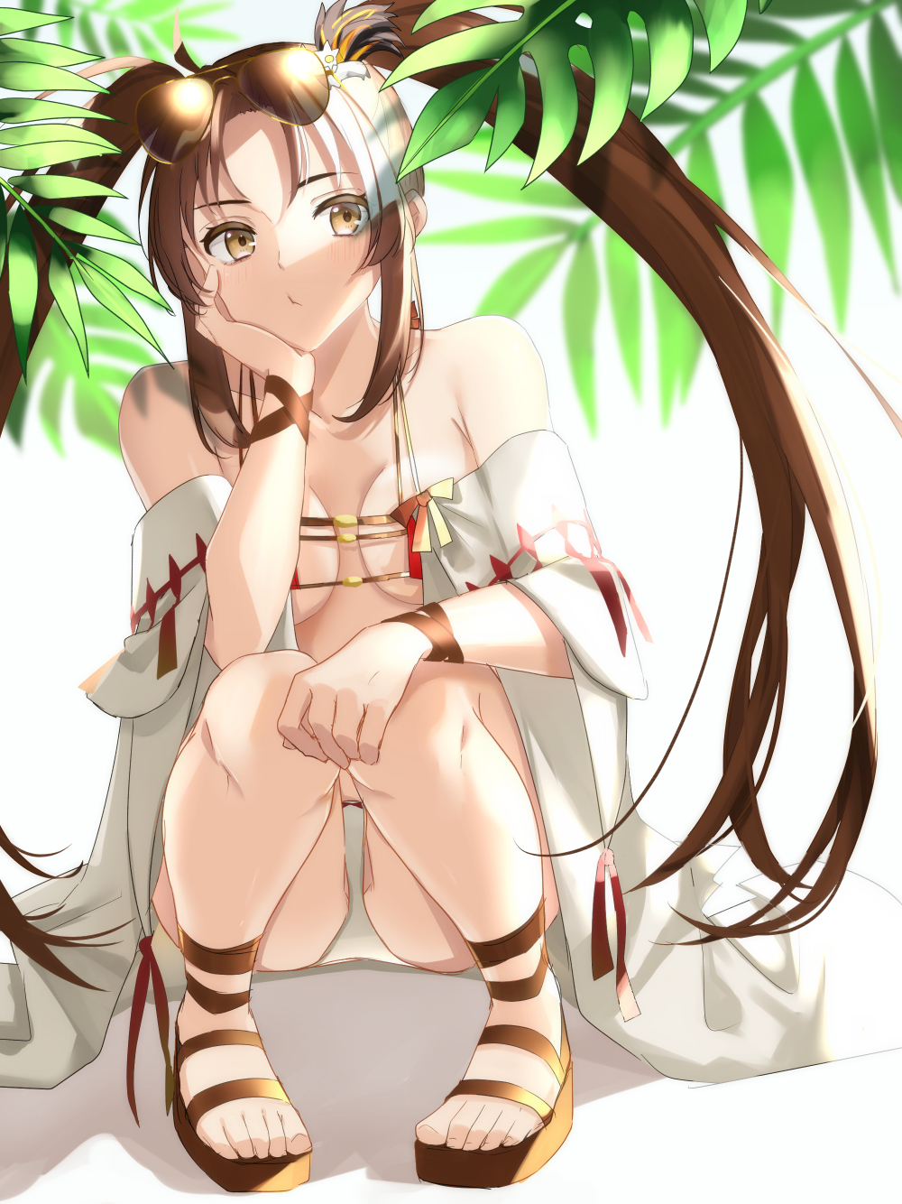 1girl, ass, bare_shoulders, bikini, breasts, brown_eyes, brown_hair, cleavage, collarbone, eyewear_on_head, fate/grand_order, fate_(series), hai_zhou, hair_ornament, highres, long_hair, medium_breasts, open_clothes, robe, sandals, solo, squatting, sunglasses, swimsuit, twintails, very_long_hair, white_bikini, yu_mei-ren_(fate), yu_mei-ren_(swimsuit_lancer)_(fate)