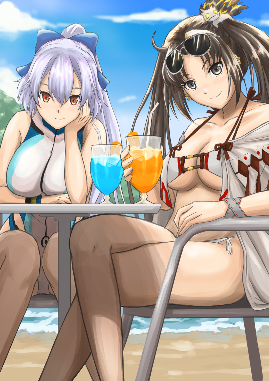 2girls, bare_shoulders, beach, bikini, blue_bow, blue_one-piece_swimsuit, blue_sky, blush
