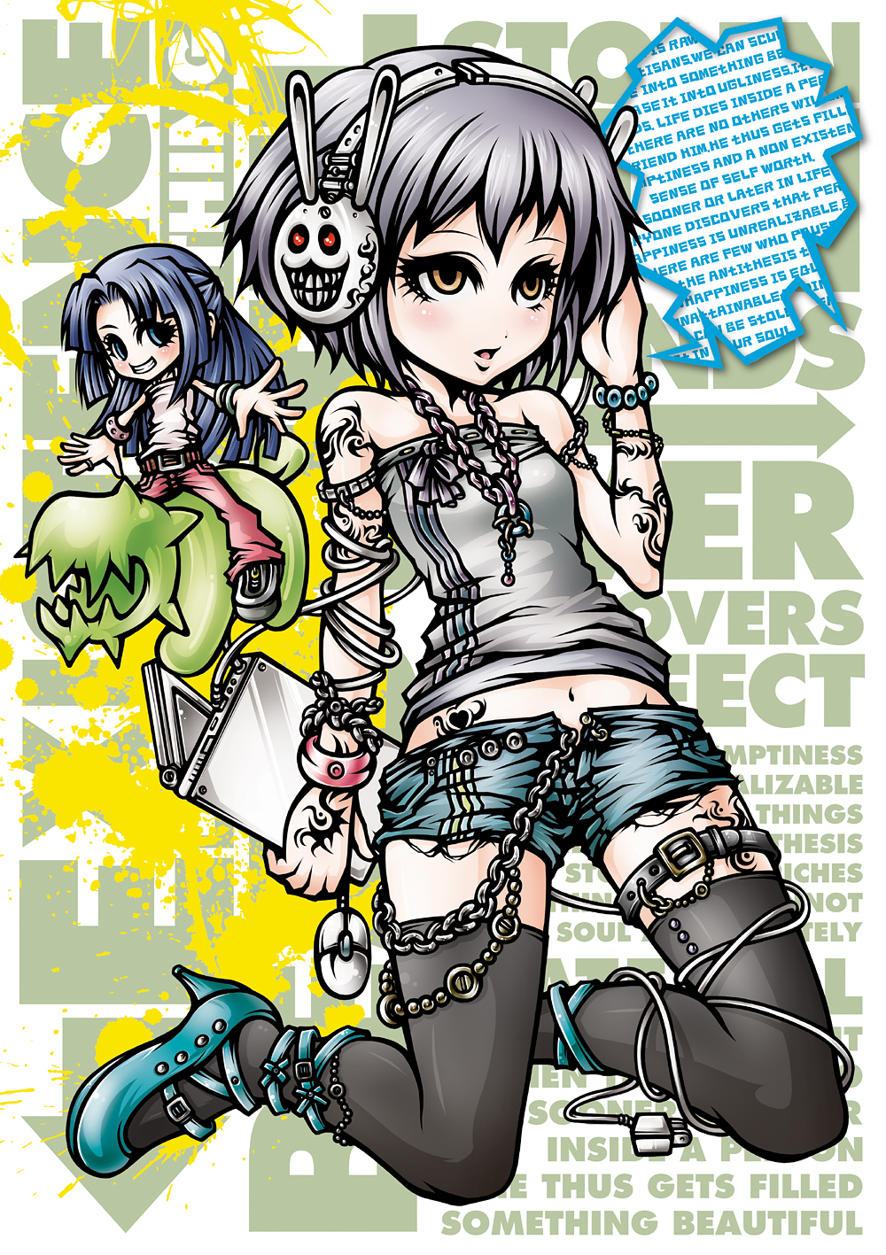 00s, 2girls, achakura, alternate_costume, asakura_ryoko, blue_hair, bunny_headphones, chain, computer, contemporary, headphones, high_heels, highres, jewelry, kimidori-san, laptop, long_hair, multiple_girls, nagato_yuki, project.c.k., shoes, short_hair, silver_hair, suzumiya_haruhi-chan_no_yuuutsu, suzumiya_haruhi_no_yuuutsu, tattoo, thighhighs