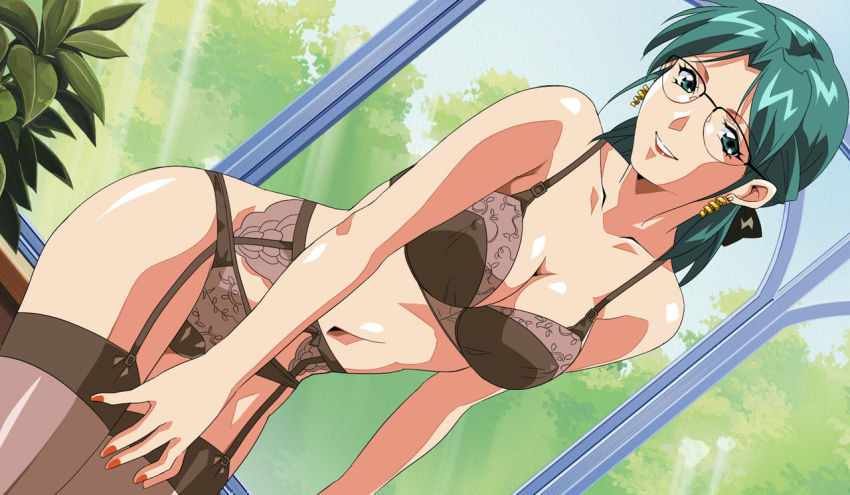 1girl, bra, breasts, earrings, engawa_suguru, glasses, green_eyes, green_hair, jewelry, lace, lace-trimmed_bra, lace-trimmed_panties, lace_trim, lingerie, lipstick, looking_at_viewer, makeup, nail_polish, navel, panties, randou_serika, super_real_mahjong, super_real_mahjong_p7, underwear, window