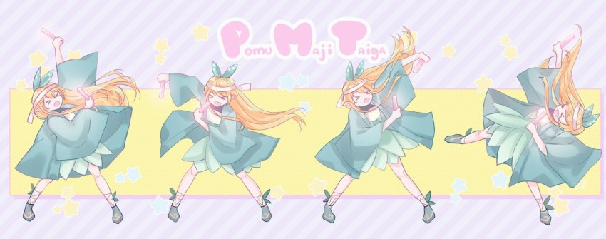 >_<, 1girl, blonde_hair, closed_eyes, dancing, fairy, floating_hair, green_footwear, green_ribbon, green_skirt, hair_ribbon, headband, highres, mairu_(amamamamamairu), nijisanji, nijisanji_en, open_mouth, otaku, pink_headband, pointy_ears, pomu_rainpuff, ribbon, skirt, virtual_youtuber, wotagei