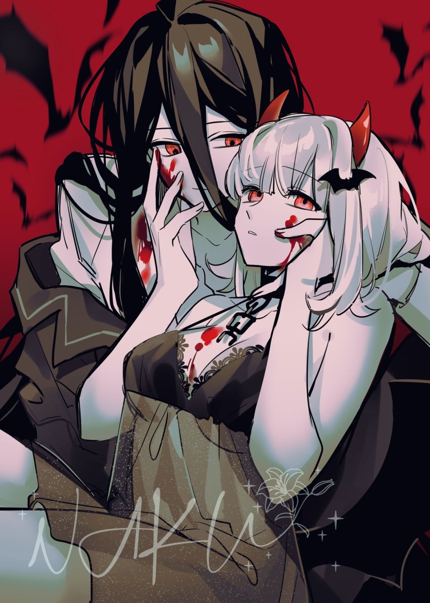2girls, bare_arms, bare_shoulders, bat_(animal), bat_hair_ornament, black_hair, black_jacket, blood, blood_on_clothes, blood_on_face, breasts, broken, broken_chain, chain, collar, cowboy_shot, danganronpa_(series), danganronpa_2:_goodbye_despair, dress, flower, hair_ornament, highres, horns, jacket, kamukura_izuru, long_hair, long_sleeves, medium_breasts, metal_collar, multiple_girls, naku_(naku999ziye), nanami_chiaki, off_shoulder, red_background, red_eyes, red_horns, see-through_clothes, shirt, signature, silver_hair, white_shirt