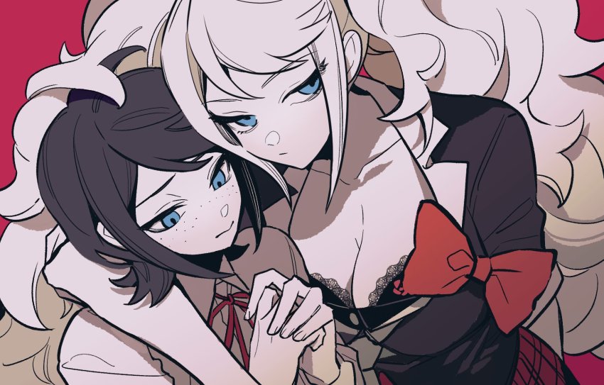 2girls, arm_around_neck, black_bra, black_hair, black_shirt, blue_eyes, bow, bra, breasts, cleavage, closed_mouth, collarbone, collared_shirt, danganronpa:_trigger_happy_havoc, danganronpa_(series), enoshima_junko, freckles, highres, holding_hands, ikusaba_mukuro, incest, interlocked_fingers, long_hair, long_sleeves, multiple_girls, naku_(naku999ziye), neck_ribbon, plaid_clothes, plaid_skirt, red_background, red_bow, red_ribbon, ribbon, shirt, short_hair, siblings, sisters, skirt, twincest, twins, twintails, underwear, upper_body, yuri