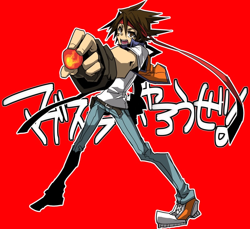 1boy, badge, bandaid, bandana, belt, brown_eyes, brown_hair, dan_shuto_(twewy)