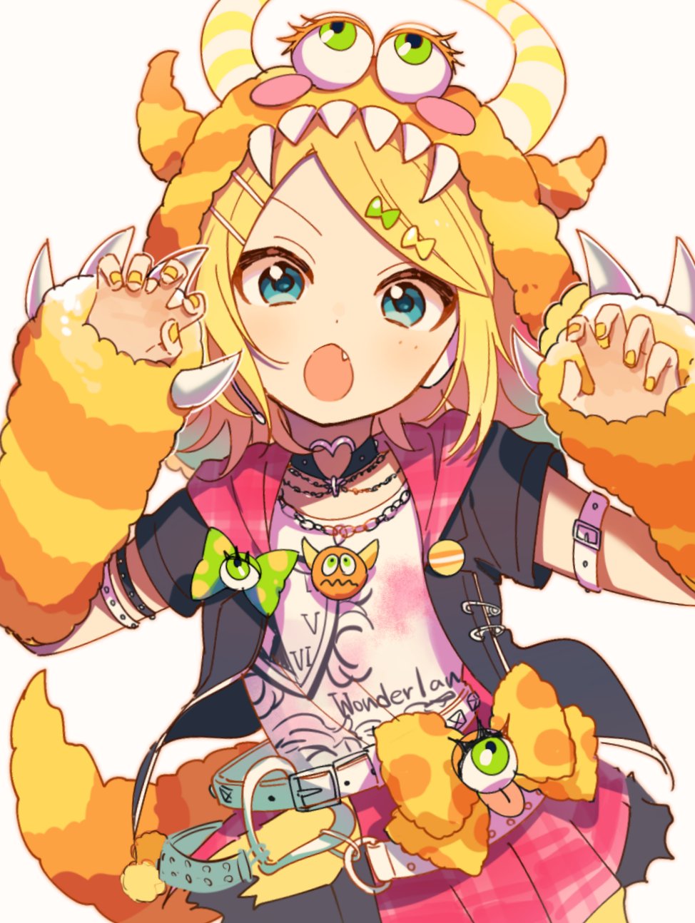 1girl, 4_(nakajima4423), :o, aqua_eyes, arm_belt, badge, belt, black_jacket, blonde_hair, blush_stickers, bow, bowtie, choker, claw_pose, claws, clothes_writing, commentary, costume, eyeball, fang, green_bow, heart, heart_belt, heart_choker, hibiku_twilight_parade_(project_sekai), highres, hood, hooded_jacket, jacket, jewelry, kagamine_rin, looking_at_viewer, miniskirt, monster_tail, nail_polish, necklace, open_mouth, pink_skirt, pleated_skirt, sharp_teeth, shirt, short_sleeves, skirt, solo, teeth, tongue, vocaloid, white_background, white_shirt, wonderlands_x_showtime_rin, yellow_nails