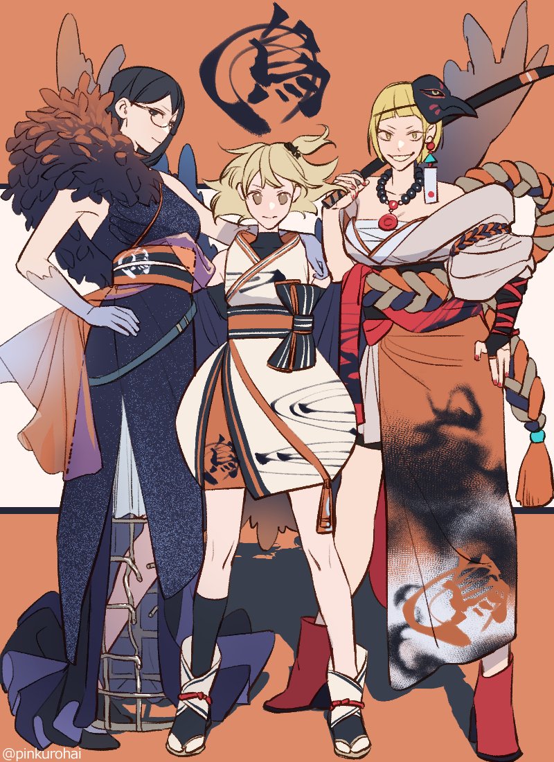 3girls, alternate_costume, arm_rest, bare_shoulders, black_hair, black_legwear, blonde_hair, blue_gloves