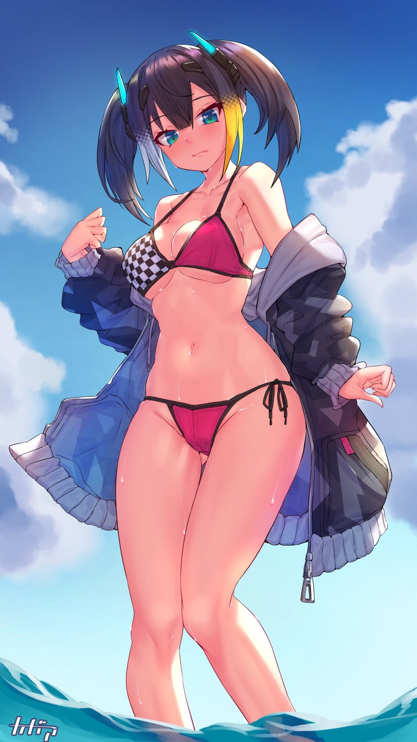 1girl, absurdres, aqua_eyes, arpeggio_kaga, bare_legs, bare_shoulders, bikini, black_hair