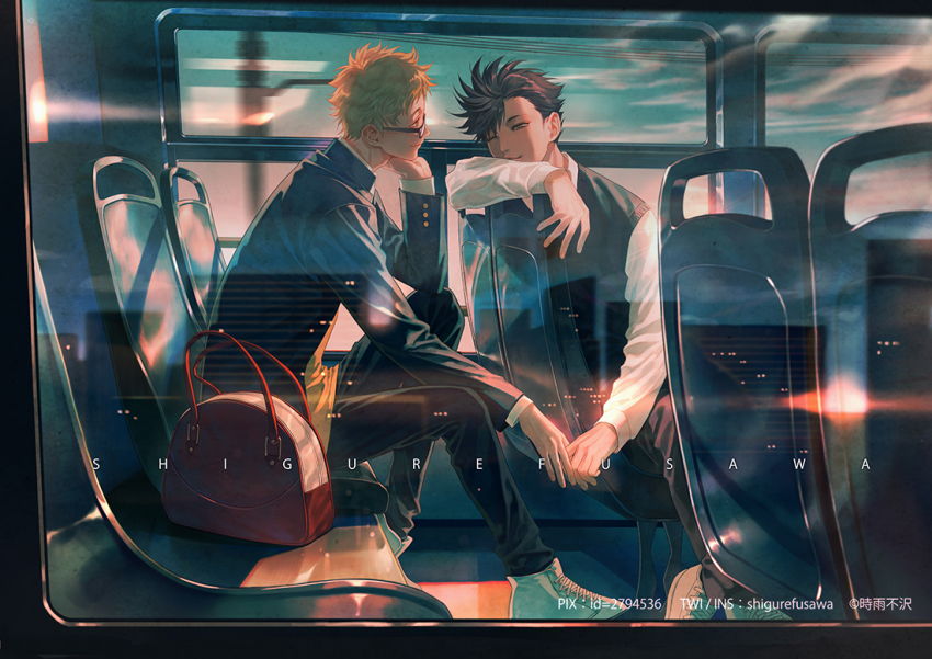 2boys, bag, black_hair, blonde_hair, bus, city, city_lights, cloud