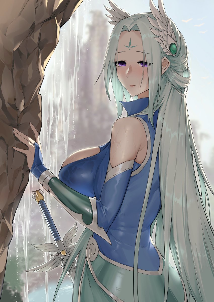 1girl, absurdres, blue_gloves, blurry, blurry_background, breasts, bridal_gauntlets, closed_mouth, dawalixi, depth_of_field, doupo_cangqiong, elbow_gloves, facial_mark, fingerless_gloves, forehead_mark, gloves, headgear, highres, large_breasts, long_hair, outdoors, parted_bangs, purple_eyes, sidelocks, silver_hair, solo, sword, vambraces, very_long_hair, water, waterfall, weapon, wet, yun_yun_(doupo_cangqiong)