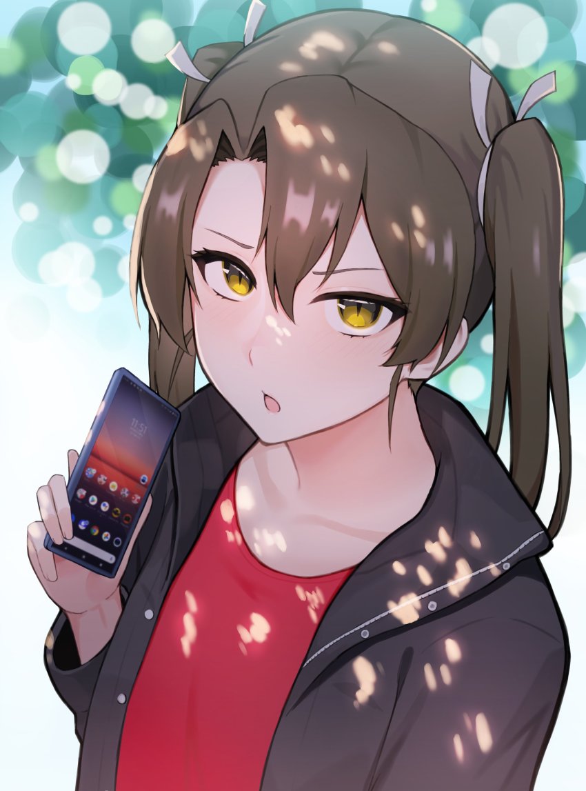 1girl, absurdres, alternate_costume, black_jacket, cellphone, grey_hair, hair_ornament, hair_ribbon, highres, holding, holding_phone, jacket, kantai_collection, long_hair, looking_at_viewer, open_mouth, phone, red_shirt, ribbon, shirt, smartphone, solo, takaman_(gaffe), twintails, yellow_eyes, zuikaku_(jal)_(kancolle), zuikaku_(kancolle)