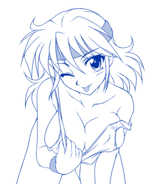 1girl, :p, banpresto, bare_shoulders, blue_theme, breasts, cleavage, downblouse, female_focus, headband, large_breasts, leaning_forward, lune_zoldark, majin_go!, monochrome, no_bra, one_eye_closed, solo, super_robot_wars, super_robot_wars_original_generation, super_robot_wars_the_lord_of_elemental, tongue, tongue_out, wink