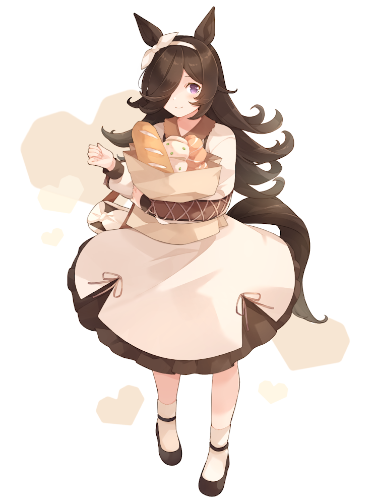 1girl, animal_ears, bread, brown_hair, closed_mouth, collared_dress, dress, food