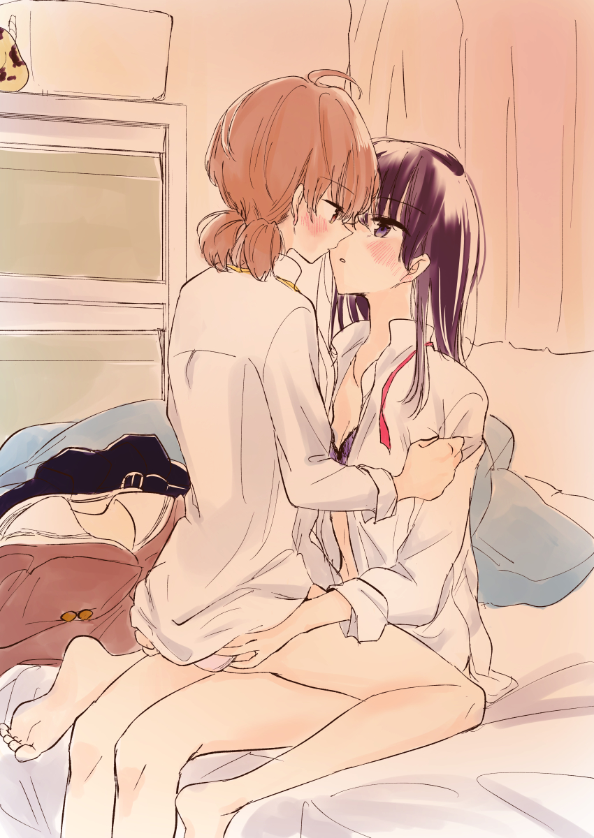 2girls, absurdres, ahoge, black_bra, black_eyes, black_hair, blush, bottomless, bra, breasts, brown_eyes, brown_hair, cleavage, collarbone, curtains, eye_contact, face-to-face, grabbing_another's_ass, groping, highres, koito_yuu, long_hair, long_sleeves, looking_at_another, low_twintails, medium_hair, multiple_girls, nanami_touko, no_pants, on_bed, open_clothes, open_shirt, panties, parted_lips, pink_panties, r-it-sum-io-17, red_ribbon, ribbon, school_uniform, shirt, sitting, sitting_on_lap, sitting_on_person, twintails, underwear, white_shirt, yagate_kimi_ni_naru, yuri