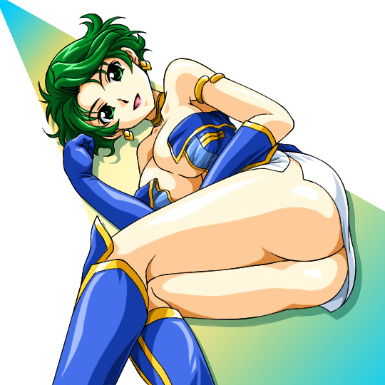 1girl, armlet, ass, aya_kobayashi, banpresto, bare_shoulders, boots, breasts, choker, cleavage, earrings, elbow_gloves, female_focus, gloves, green_hair, jewelry, knee_boots, large_breasts, lying, majin_go!, short_hair, solo, super_robot_wars, thigh_boots, thighhighs