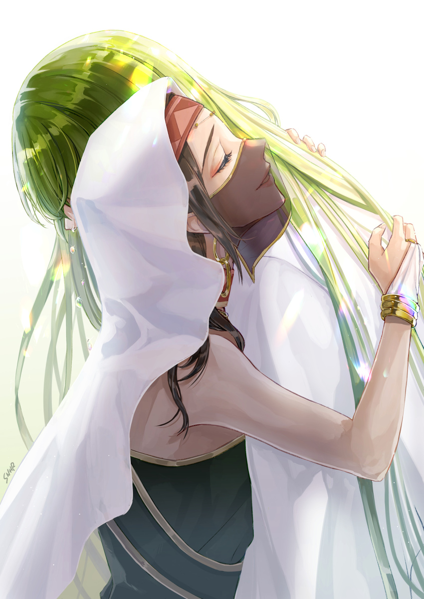 1boy, 1girl, bracelet, bridal_gauntlets, brown_hair, closed_eyes, couple, dress, enkidu_(fate), fate/grand_order, fate_(series), from_side, green_hair, haruosane, highres, hug, jewelry, kingu_(fate), long_hair, parted_lips, profile, siduri_(fate), sleeveless, upper_body, veil, very_long_hair, water_wheel, white_background, white_dress