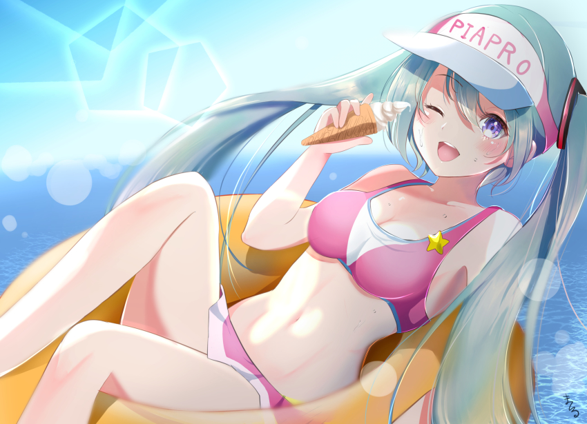 1girl, ;d, bikini, blue_hair, blurry, blurry_background, breasts, cleavage