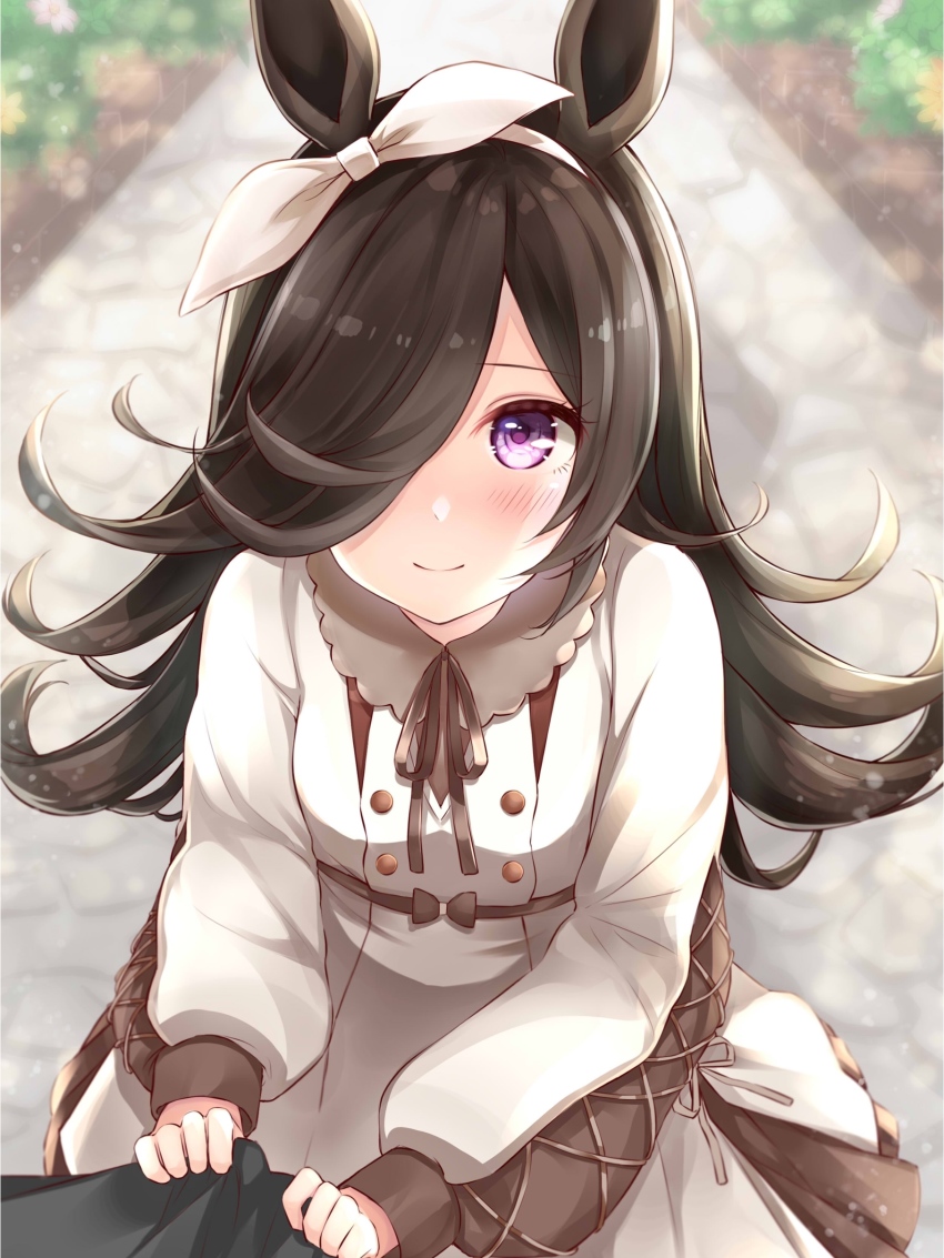 1girl, absurdres, animal_ears, blush, brown_hair, closed_mouth, collared_dress, dress