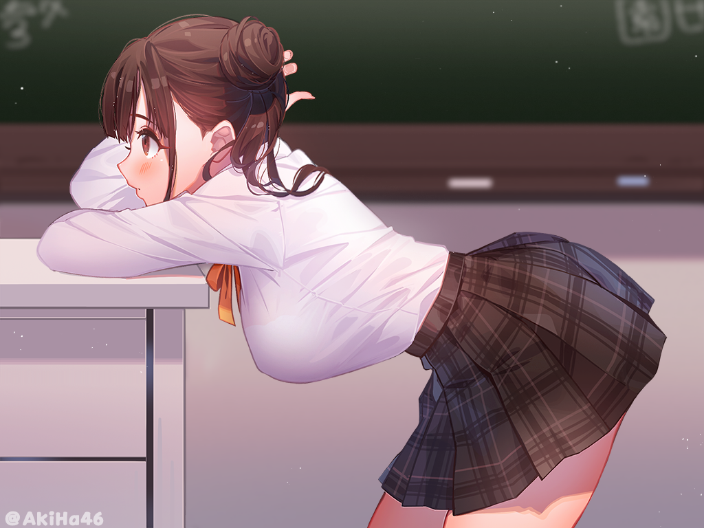 1girl, bent_over, black_skirt, blurry, breasts, brown_eyes, brown_hair, cowboy_shot