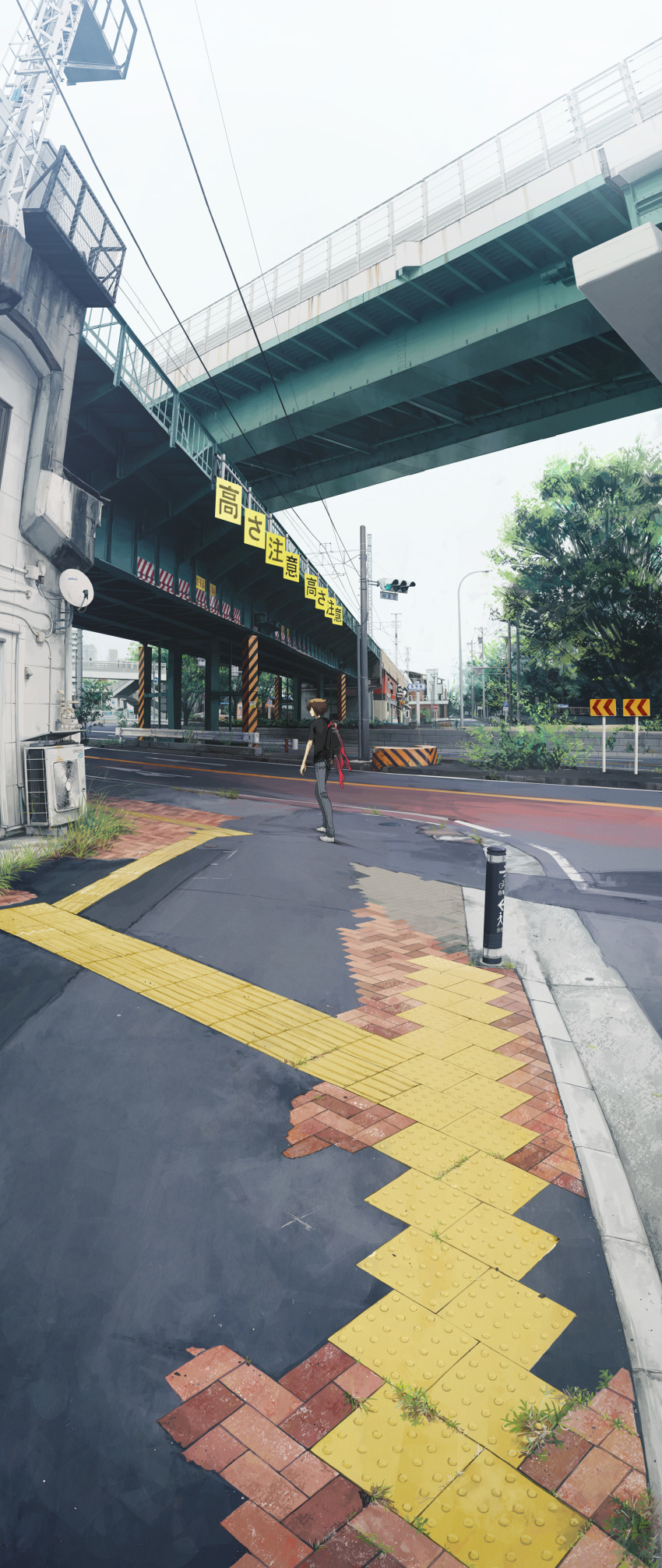 1boy, absurdres, air_conditioner, arrow_(symbol), black_shirt, brick_floor, bridge, brown_hair