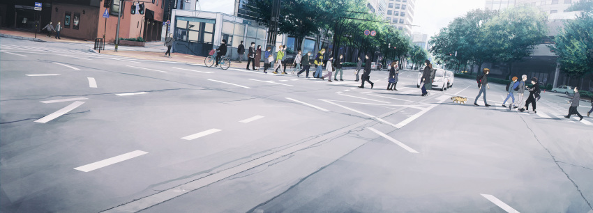 6+boys, 6+girls, absurdres, backpack, bag, baseball_cap, bicycle, black_footwear