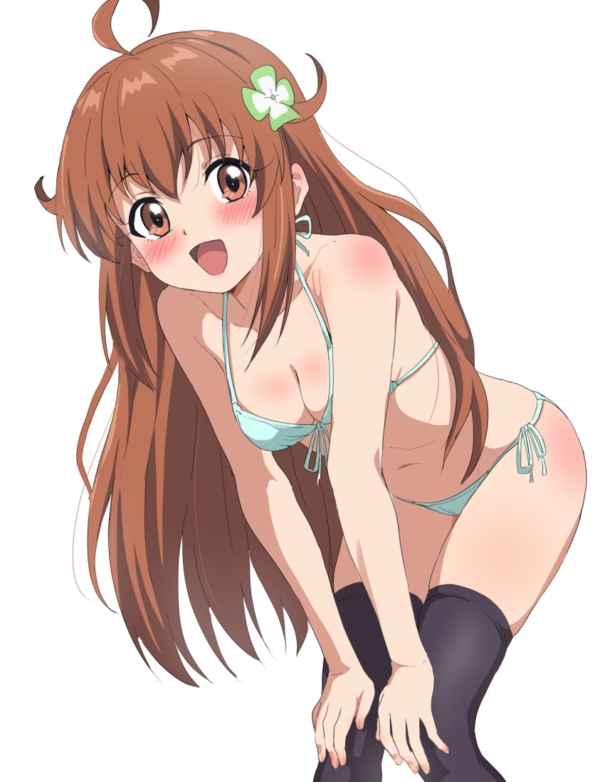 1girl, ahoge, amamiya_mimori, bare_shoulders, bent_over, bikini, black_thighhighs, blush, breasts, brown_eyes, brown_hair, cleavage, clover_hair_ornament, hair_ornament, hands_on_own_knees, highres, long_hair, looking_at_viewer, medium_breasts, navel, open_mouth, shadowverse, shadowverse_(anime), simple_background, sincos, solo, swimsuit, thighhighs, white_background