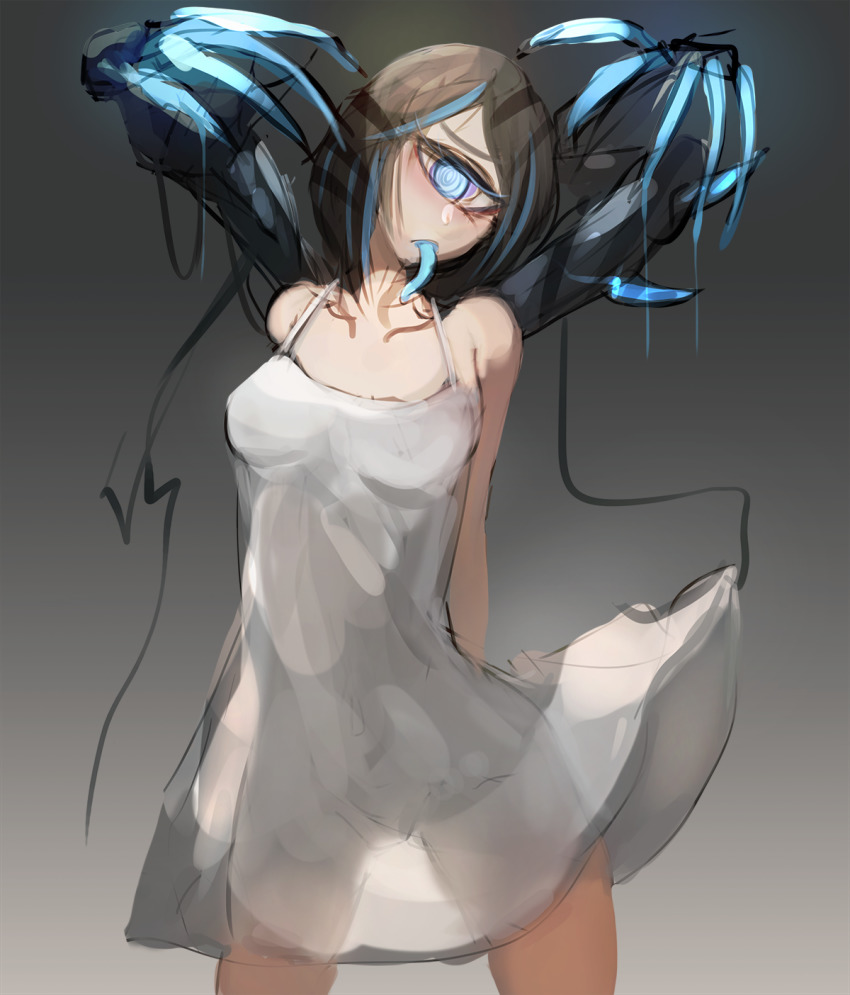 anderhorlo, black_hair, blue_eyes, blue_hair, blue_tongue, colored_tongue, cyclops, dress, extra_arms, gradient_background, grey_background, highres, holding_own_dress, looking_at_viewer, monster_girl, multicolored_hair, one-eyed, original, short_hair, simple_background, solo, streaked_hair, tongue, tongue_out, white_dress