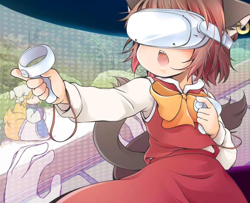 2girls, animal_ear_fluff, animal_ears, animal_hat, blonde_hair, bow, bowtie, brown_hair, cat_ears, cat_tail, chen, dress, earrings, fox_ears, fox_tail, hanabi_(karintou15), hat, head-mounted_display, highres, jewelry, mob_cap, multiple_girls, multiple_tails, nekomata, missing_headwear, open_mouth, red_dress, short_hair, single_earring, solo_focus, tabard, tail, touhou, two_tails, virtual_reality, white_dress, yakumo_ran, yellow_neckwear
