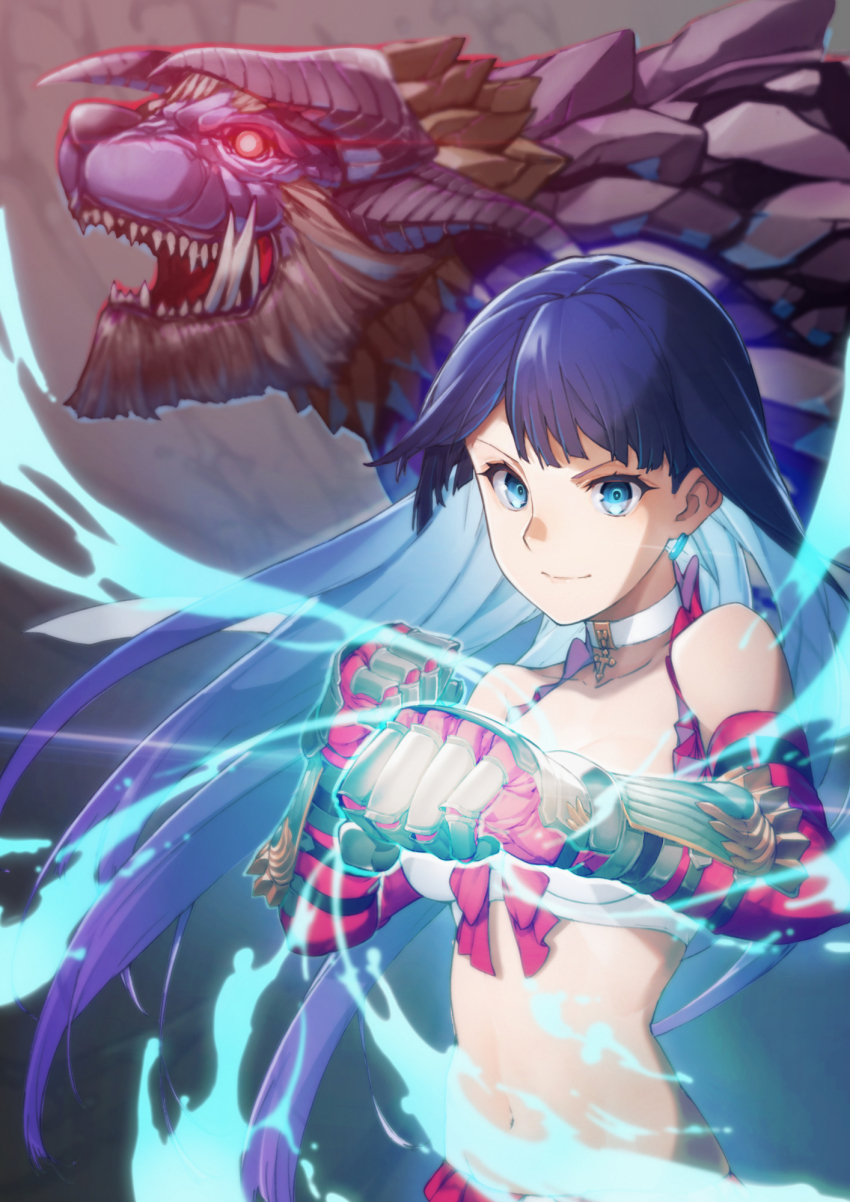 1girl, bikini, blue_eyes, clenched_hands, fangs, fate/grand_order, fate_(series), gauntlets