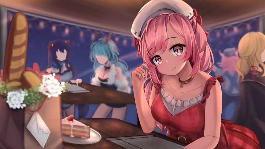 5girls, absurdres, birthday_party, black_jacket, blonde_hair, blue_hair, blush, bobicess