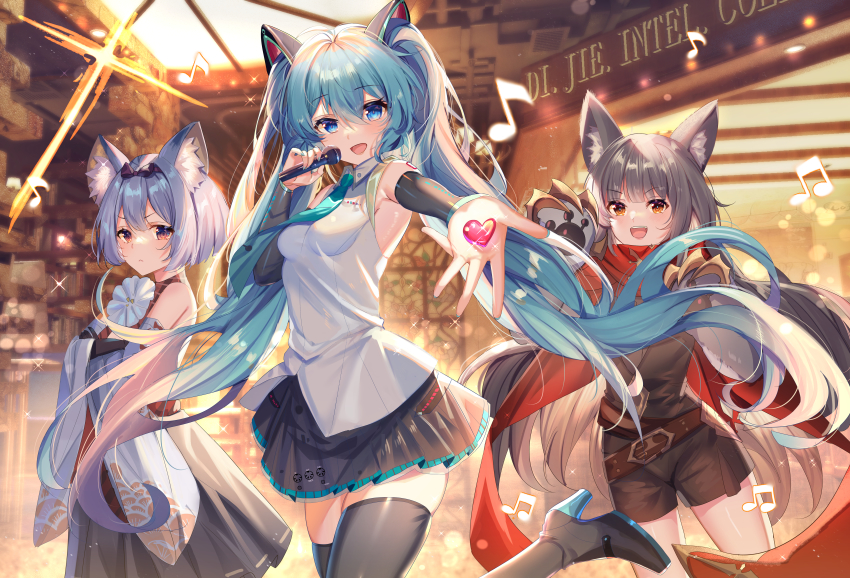 3girls, :d, absurdres, animal_ear_fluff, animal_ears, bare_shoulders, beamed_eighth_notes, black_footwear, black_gloves, black_legwear, black_shirt, black_shorts, black_skirt, black_sleeves, blue_eyes, blue_hair, blue_neckwear, boots, breasts, brown_eyes, character_request, collared_shirt, crossed_arms, detached_sleeves, eighth_note, elbow_gloves, gloves, grey_hair, hair_between_eyes, hand_up, hatsune_miku, hatsune_miku_(masterwork_apocalypse), heart, high_heel_boots, high_heels, highres, holding, holding_microphone, huge_filesize, indoors, long_hair, long_sleeves, masterwork_apocalypse, microphone, multiple_girls, musical_note, necktie, open_mouth, pleated_skirt, shanguier, shirt, short_hair, short_shorts, shorts, skirt, sleeveless, sleeveless_shirt, small_breasts, smile, sparkle, standing, standing_on_one_leg, thigh_boots, thighhighs, twintails, v-shaped_eyebrows, very_long_hair, vocaloid, white_shirt, white_sleeves, wide_sleeves