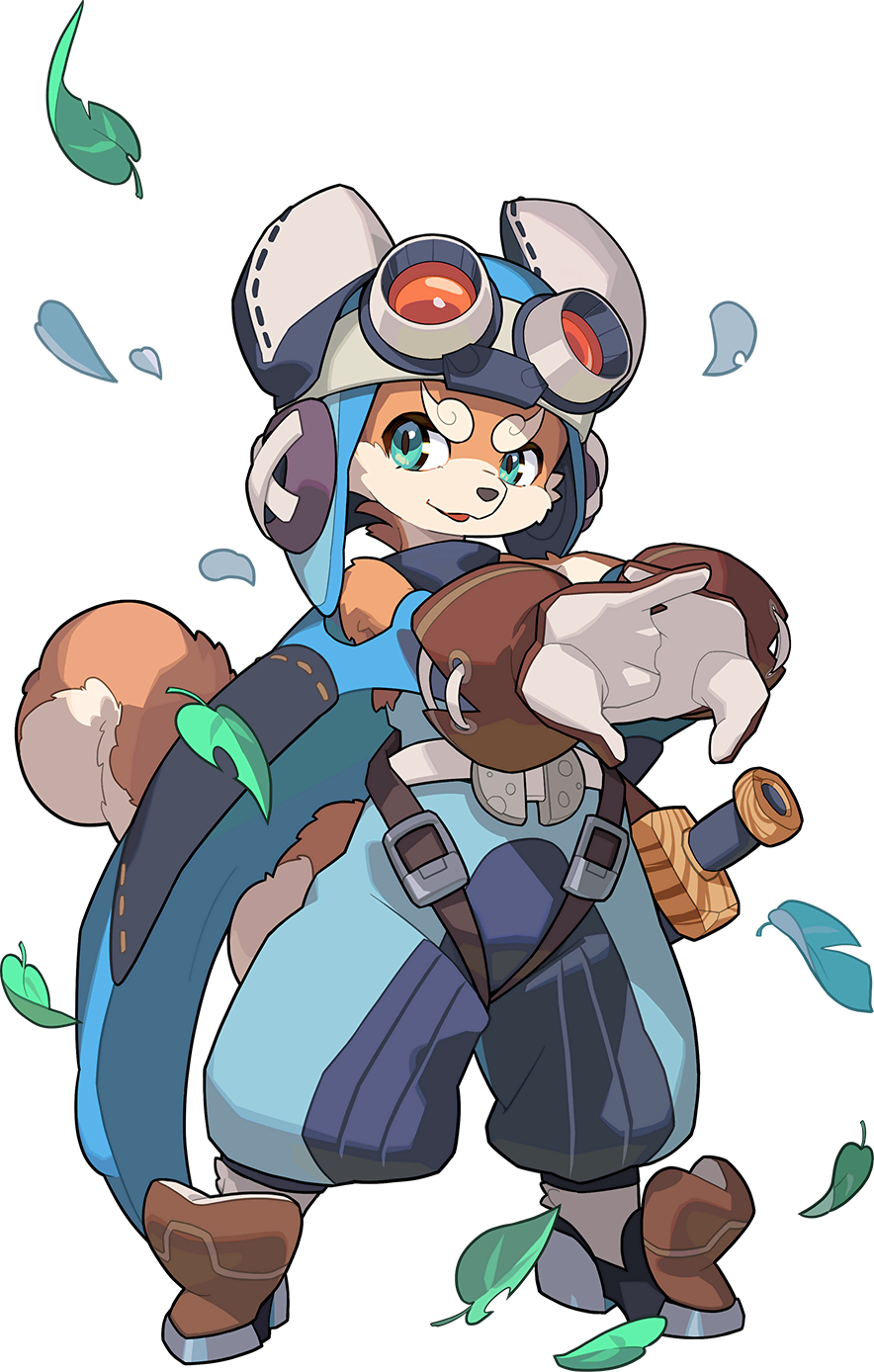 1boy, :3, animal_nose, aqua_eyes, armored_boots, arms_up, artist_request, aviator_cap, belt, blue_cape, blue_headwear, blue_jumpsuit, body_fur, boots, brown_fur, cape, cracking_knuckles, dog_boy, dog_tail, eyewear_on_head, full_body, furry, furry_male, goggles, happy, highres, interlocked_fingers, jumpsuit, leaf, legs_apart, looking_to_the_side, lou_(world_flipper), male_focus, non-web_source, official_art, open_mouth, orange-tinted_eyewear, outstretched_arms, sheath, simple_background, sleeveless_jumpsuit, smile, snout, solo, standing, strap, sword, tail, tinted_eyewear, transparent_background, two-tone_fur, v-shaped_eyebrows, weapon, white-framed_eyewear, white_fur, wooden_sword, world_flipper