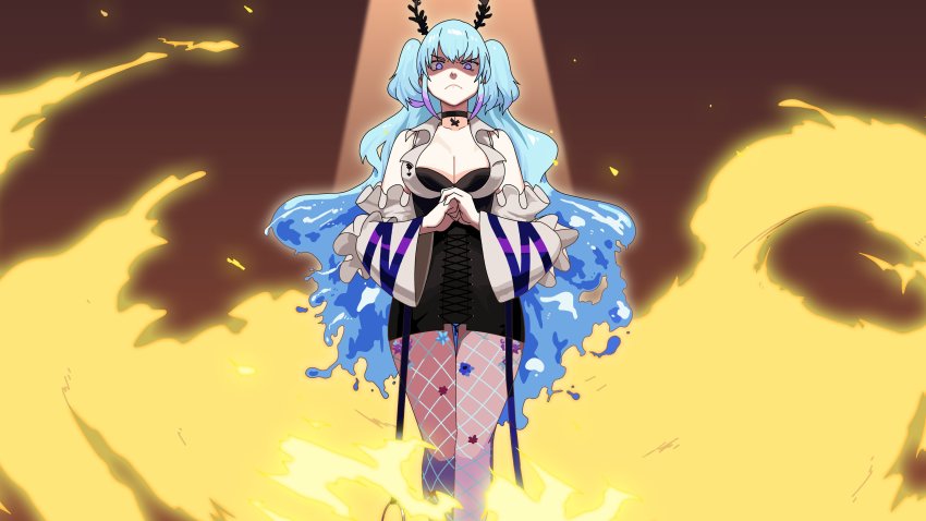 1girl, absurdres, angry, antennae, black_choker, black_dress, blue_eyes, blue_hair