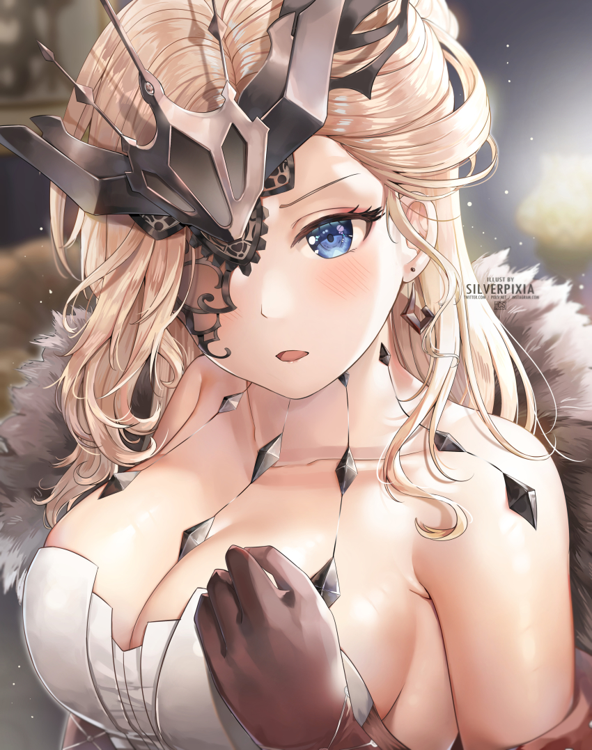 1girl, absurdres, artist_name, bare_shoulders, blonde_hair, blue_eyes, blurry, blurry_background, blush, breasts, brown_gloves, cleavage, collarbone, depth_of_field, earrings, fur_trim, genshin_impact, gloves, hand_on_own_chest, highres, jewelry, large_breasts, long_hair, looking_at_viewer, one_eye_covered, open_mouth, signora_(genshin_impact), silverpixia, solo, strapless, upper_body
