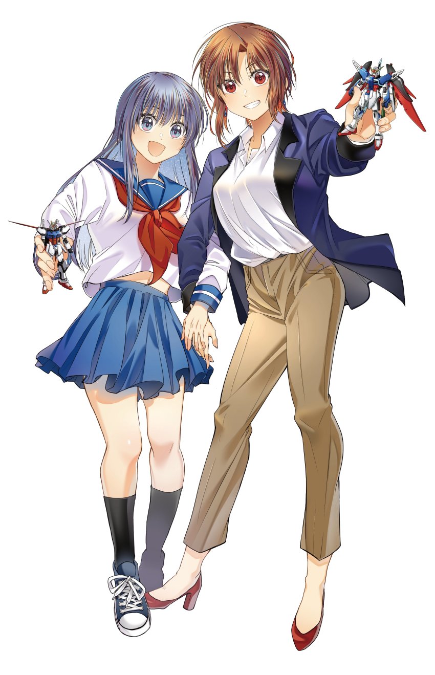 2girls, absurdres, aile_strike_gundam, beige_pants, blazer, blue_footwear, blue_hair, blue_jacket
