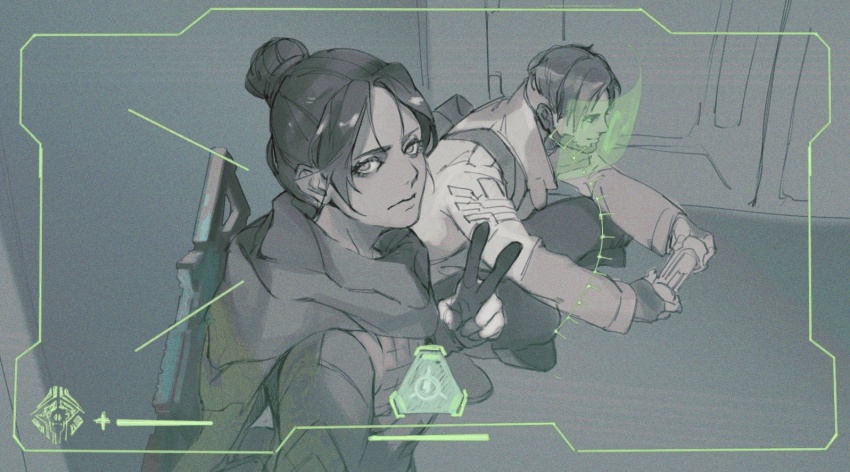 1boy, 1girl, apex_legends, backpack, bag, black_bodysuit, black_gloves, black_hair