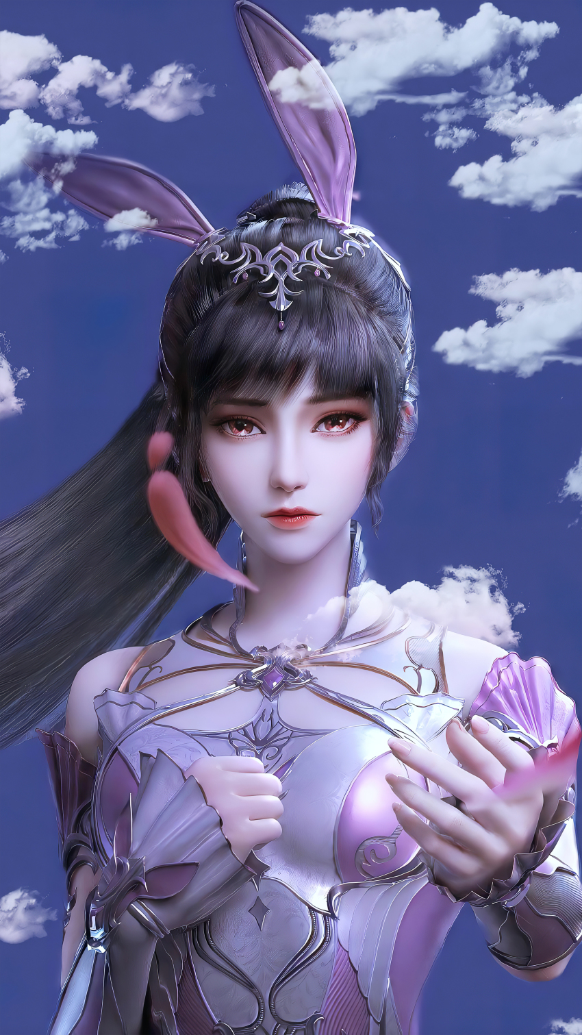 absurdres, animal_ears, douluo_dalu, falling_petals, hand_up, highres, petals, rabbit_ears