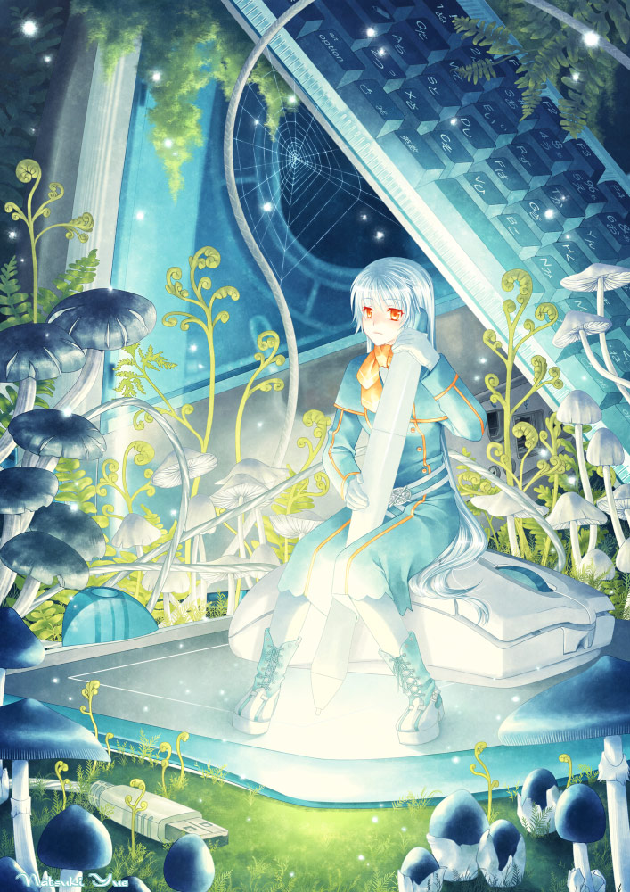 1girl, artist_name, boots, computer, computer_keyboard, computer_mouse, drawing_tablet, dress