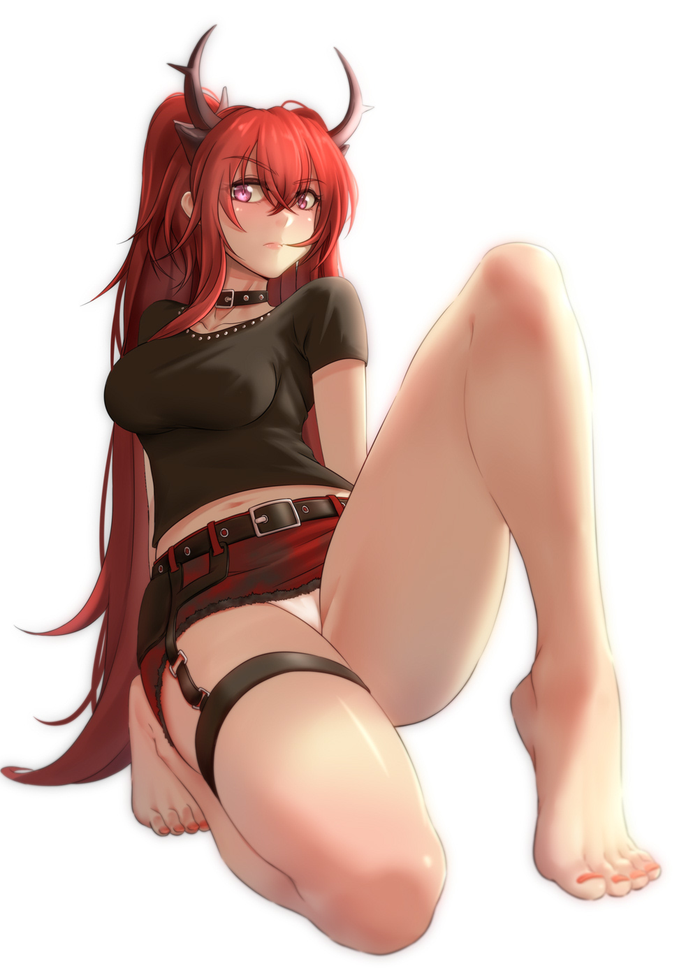 arknights, barefoot, black_shirt, blouse, feet, highres, horns, long_hair, microskirt, nail_polish, official_alternate_costume, panties, pantyshot, pencil_skirt, ponytail, purple_eyes, red_hair, shirt, simple_background, skirt, solo, surtr_(arknights), surtr_(liberte_echec)_(arknights), thigh_strap, thighs, toenail_polish, toenails, toes, underwear, upskirt, white_background, yamauchi_kouen