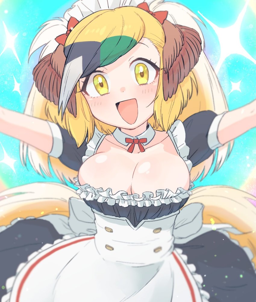 alternate_costume, apron, arms_up, bird_girl, bird_tail, bird_wings, black_dress, blonde_hair