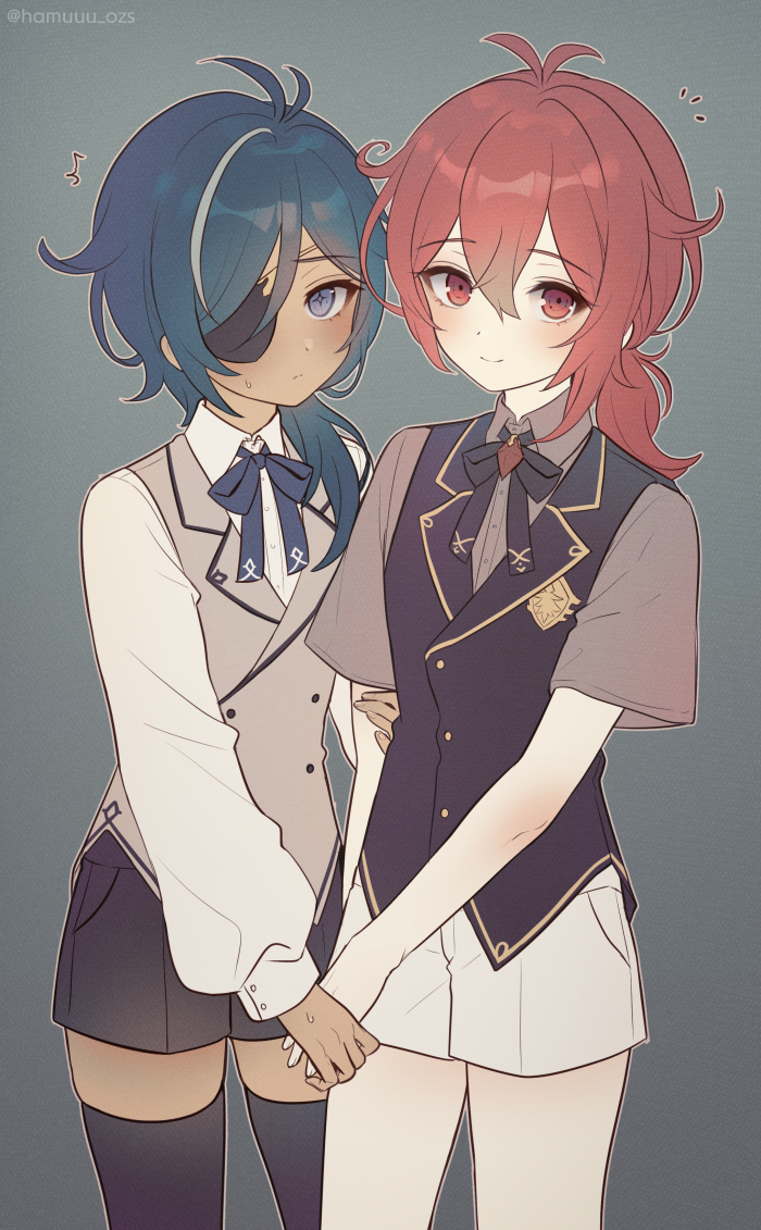 2boys, aged_down, bad_id, bad_pixiv_id, black_legwear, black_shorts, blue_eyes, blue_hair