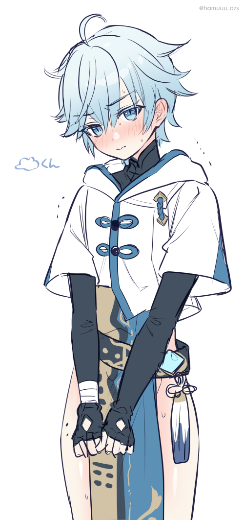 1boy, ahoge, bad_id, bad_pixiv_id, belt, blue_eyes, blue_hair, blush, chinese_clothes, chongyun_(genshin_impact), commentary_request, fingerless_gloves, genshin_impact, gloves, hair_between_eyes, haruya_(lajoon), hood, hood_down, hoodie, looking_at_viewer, male_focus, no_pants, short_hair, shota, simple_background, slit_pupils, solo, sweat, tassel, trembling, twitter_username, vision_(genshin_impact), white_background