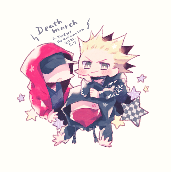 3boys, 777_(subarashiki_kono_sekai), anger_vein, baseball_cap, bj_(subarashiki_kono_sekai), blonde_hair, blush, chibi