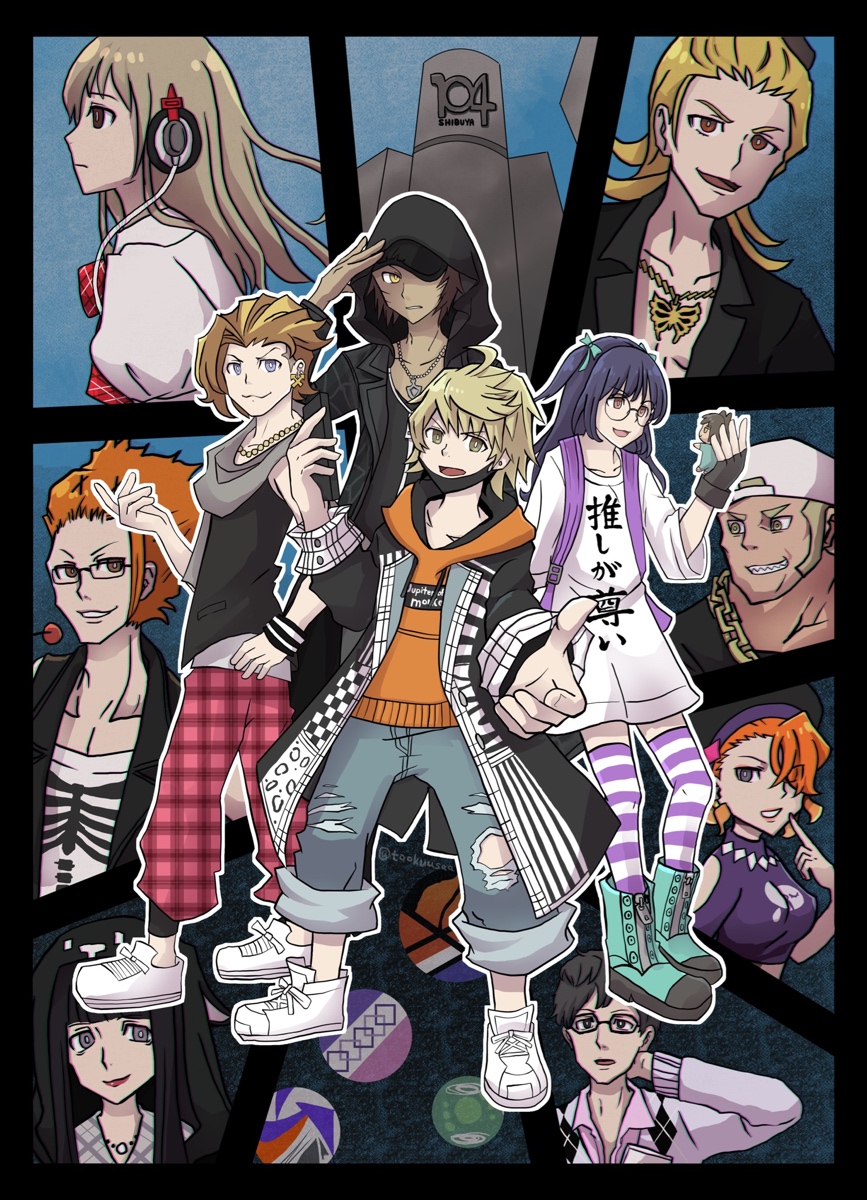 4girls, 6+boys, ahoge, animal_hood, backpack, backwards_hat, badge, bag