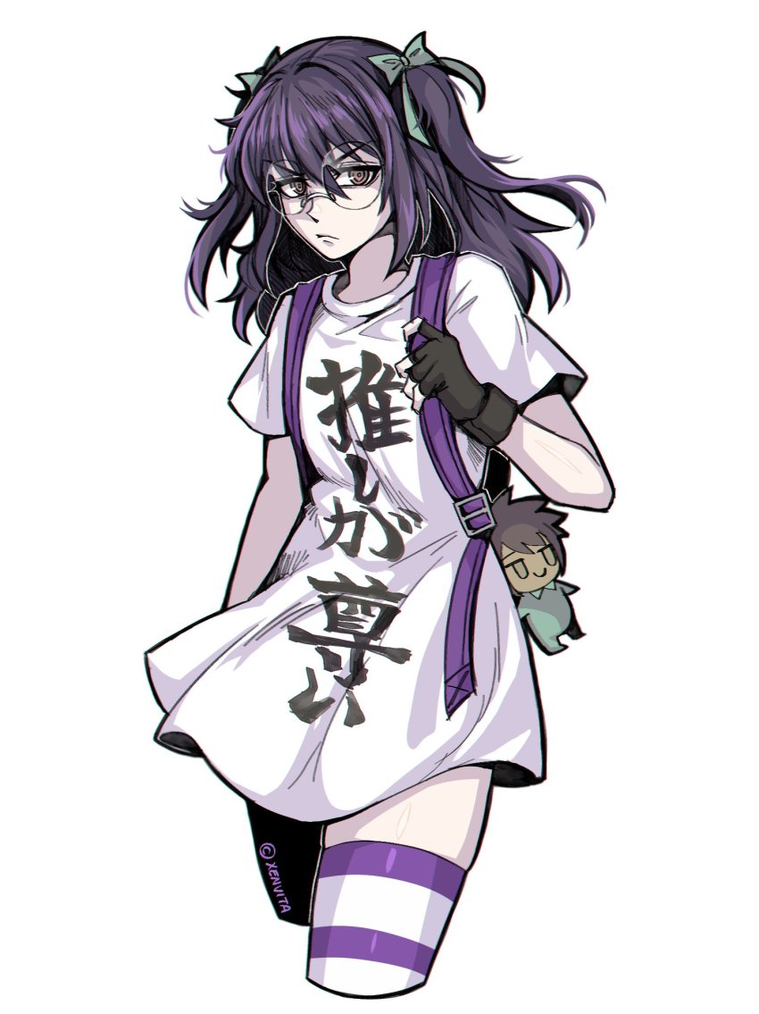 1girl, backpack, bag, clothes_writing, doll, female_focus, fingerless_gloves, glaring