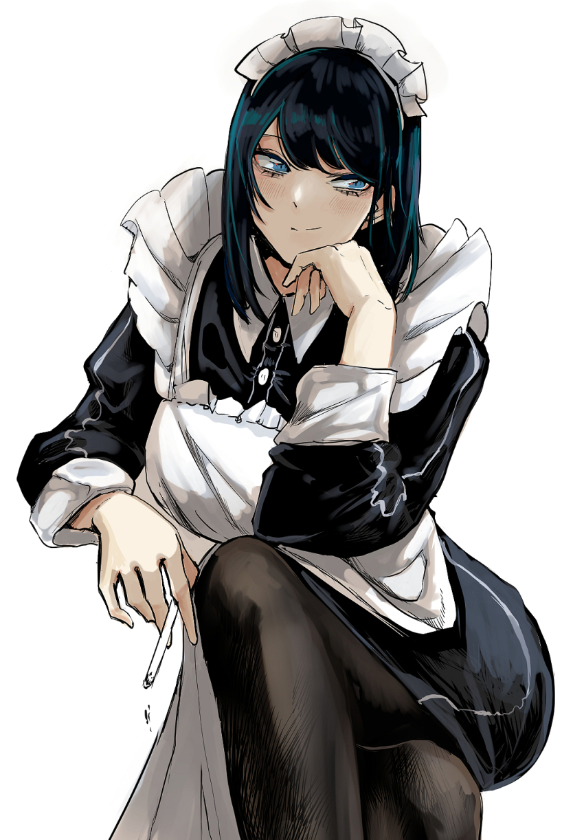 apron, ash, between_fingers, black_hair, black_pantyhose, blue_eyes, blush, cigarette