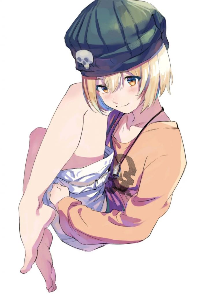 1girl, barefoot, beanie, bell, bito_raimu, blonde_hair, closed_mouth, eyelashes