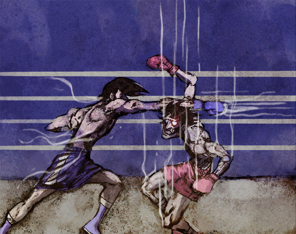 1970s_(style), 2boys, ashita_no_joe, black_hair, boxing, boxing_gloves, boxing_ring, dragon-ism, male_focus, multiple_boys, oldschool, retro_artstyle, rikiishi_tooru, rikiishi_toru, spoilers, yabuki_jo, yabuki_joe, yabuki_jou