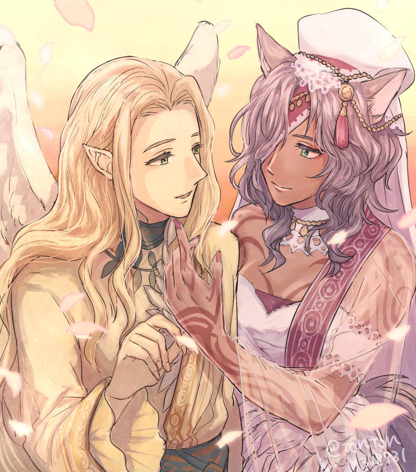 1boy, 1girl, alternate_costume, animal_ears, blonde_hair, blue_eyes, bride, couple, dark-skinned_female, dark_skin, dress, fire_emblem, fire_emblem:_radiant_dawn, fire_emblem_heroes, green_eyes, groom, highres, looking_at_another, nailah_(bridal)_(fire_emblem), nailah_(fire_emblem), nintendo, official_alternate_costume, purple_eyes, rafiel_(fire_emblem), rafiel_(groom)_(fire_emblem), tonton318831, veil, wings, wolf_ears