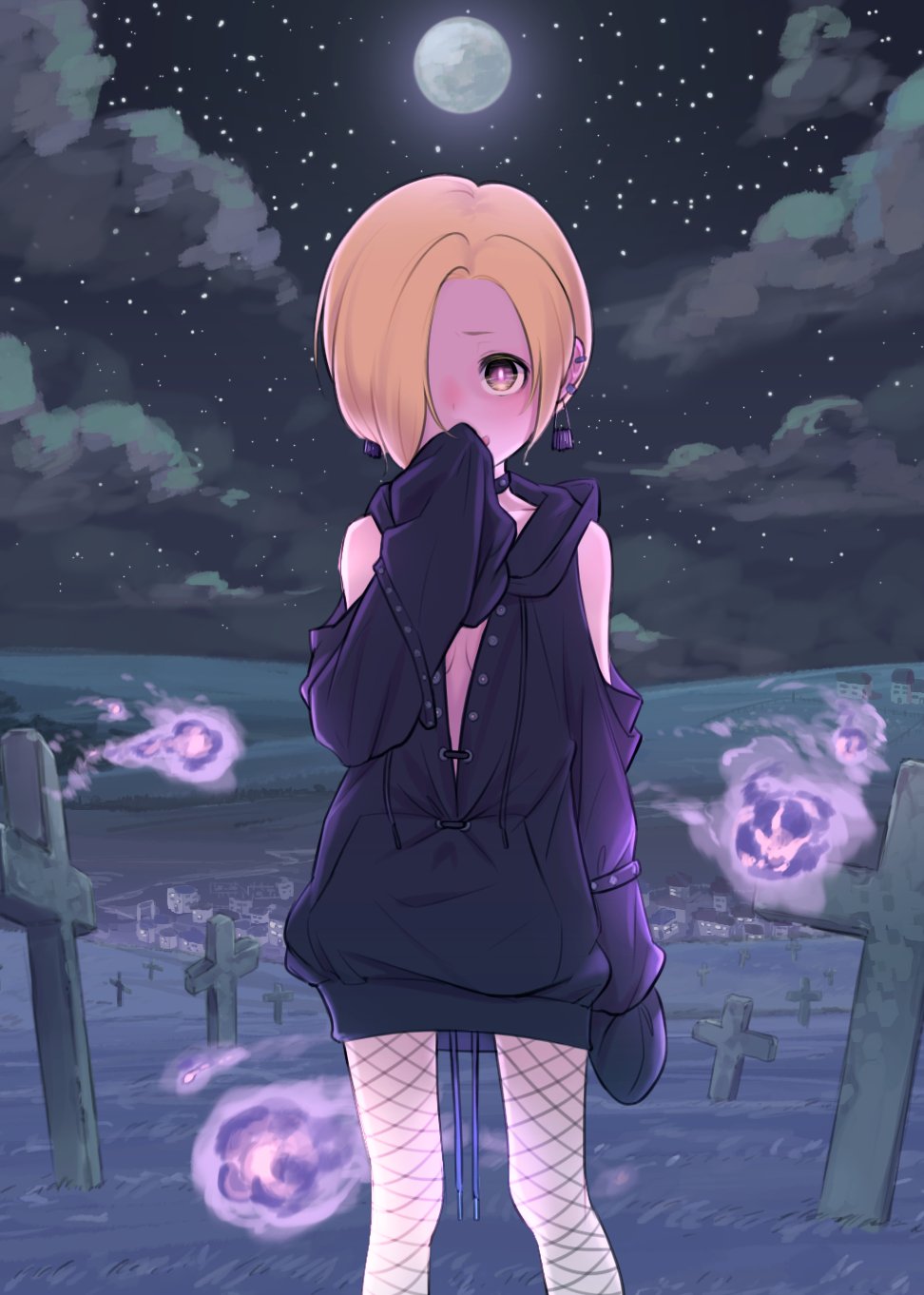 1girl, black_sky, blonde_hair, blush, cloud, cloudy_sky, ear_piercing, earrings